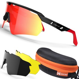 TR90 Ultra Lightweight Road Bike Sunglasses, Sports, Baseball, Running, Adjustable Nose Pads & Temples, UV 400 Blocking, Polarized Lenses, Interchangeable 3 Color Set, multicolor (black / red), L