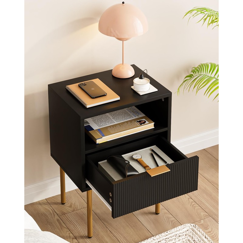 AEPOALUA Nightstand,Morden Bedside Table with Gold Frame,Small Black Night Stand,End