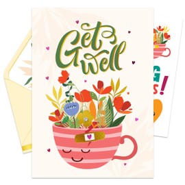 Decorably Pink and Gold Foiled 5x8in Individual Get Well Card with Envelopes and Stickers with Colorful Teacup Floral Design for Loved Ones, with Printed Message, Gifting, Mailing