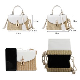 Meyaus Women Mini Lock Decoration Straw Woven Cross-body Shoulder Bag PU Leather Flap Top-handle Bag Handbag