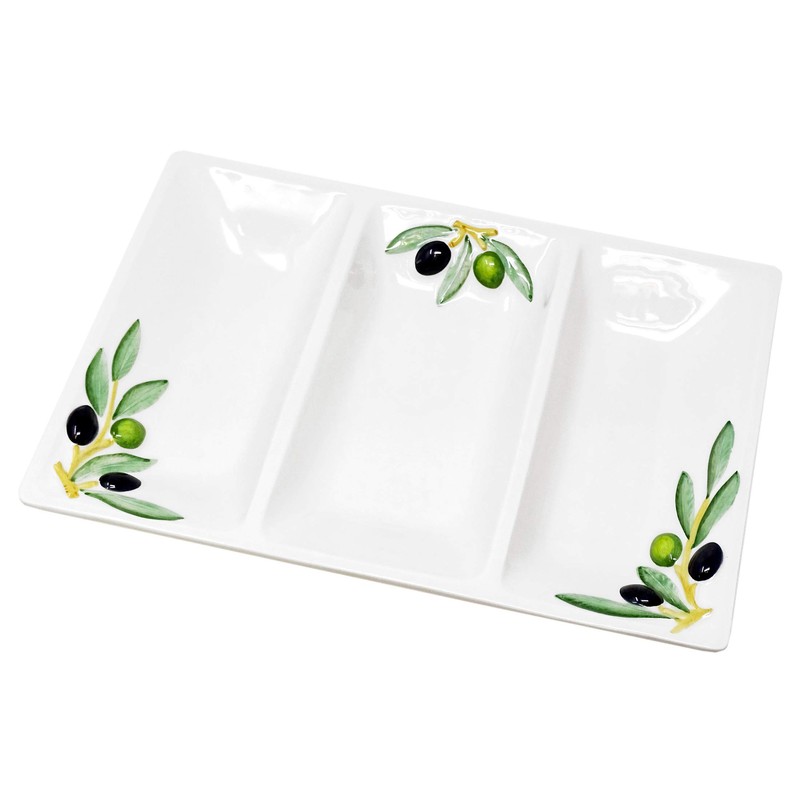 Handmade Italian Ceramic Rectangular Dish in Olive Design, Dreigeteilter/Approx. 31