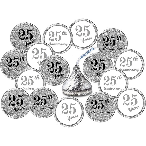 25th Anniversary Kisses Stickers, (Set of 216) Chocolate Drops Labels Stickers for 25th Wedding Anniversary, Hershey's Kisses Party Favors Decor