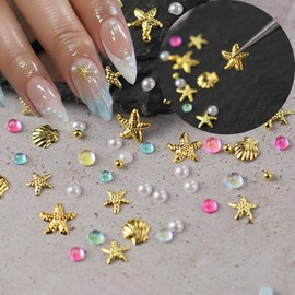 Summer Starfish Nail Charms & Gems Mermaid Colorful Beads & Metal Starfish Seashell Rhinestones with Pearls Design Nails Jewelry Aurora Gold Nail Charm Ocean Theme DIY Manicure Accessory Crafts