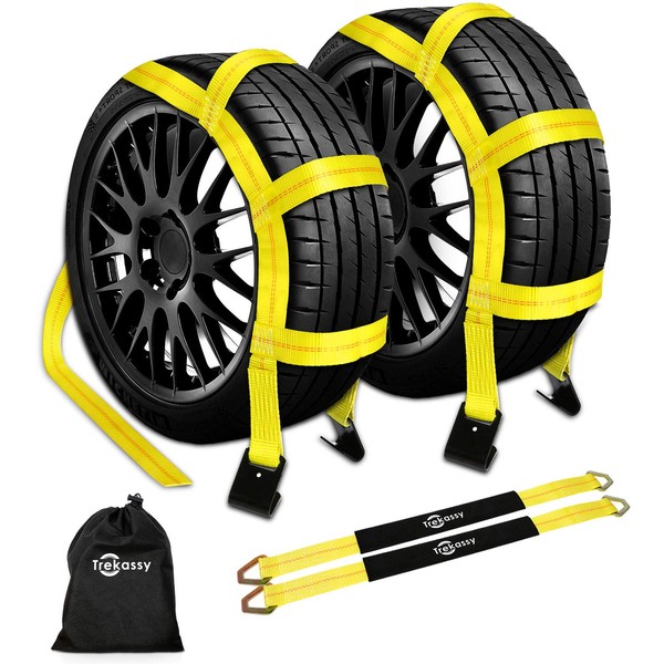 Trekassy Wheel Car Tow Dolly Basket Straps with Flat Hooks 2 Pack Heavy Duty for 14"-17" Tires, 10, 000 lbs Break Strength with 2 Axle Straps and 1 Carrying Bag