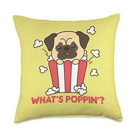 Animal In Popcorn Bag Movies Look Word Game Pug Popcorn Whats Poppin Funny Dogs Cinema Evening Throw Pillow, 18x18, Multicolor