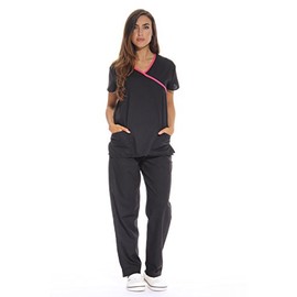 Just Love Women's Scrub Sets/5 Pocket Medical Scrubs Uniforms (Mock Wrap), Black With Pink Trim, X-Small