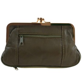 Oakridge Leather Ladies Double Clasp Coin Purse with Space for Credit Card - Olive Green