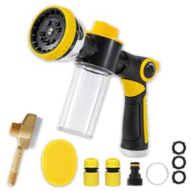 Dog Wash Hose Attachment, 10-in-1 Spray Mode Pet Shower Soap Sprayer with Grooming Comb Rubber Brush, Hose Nozzle with 100cc Soap Dispenser, for Watering, Car Wash, Dog and Horse Showering (Yellow)