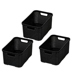 BranQ - Home essential Set of 3 Plastic Rattan Baskets made of Bisphenol A (BPA)-Free Polypropylene, 28.8 x 19.7 x 16.2 cm, Black, Size M (10 Litres)