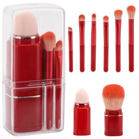 Small Makeup Brush Set - 8 in 1 Portable Travel Lip Brush, Highlight Brush, Eyeshadow Brush, Foundation Blending Powder Brush Retractable Mini Cosmetic Makeup Brushes - Red