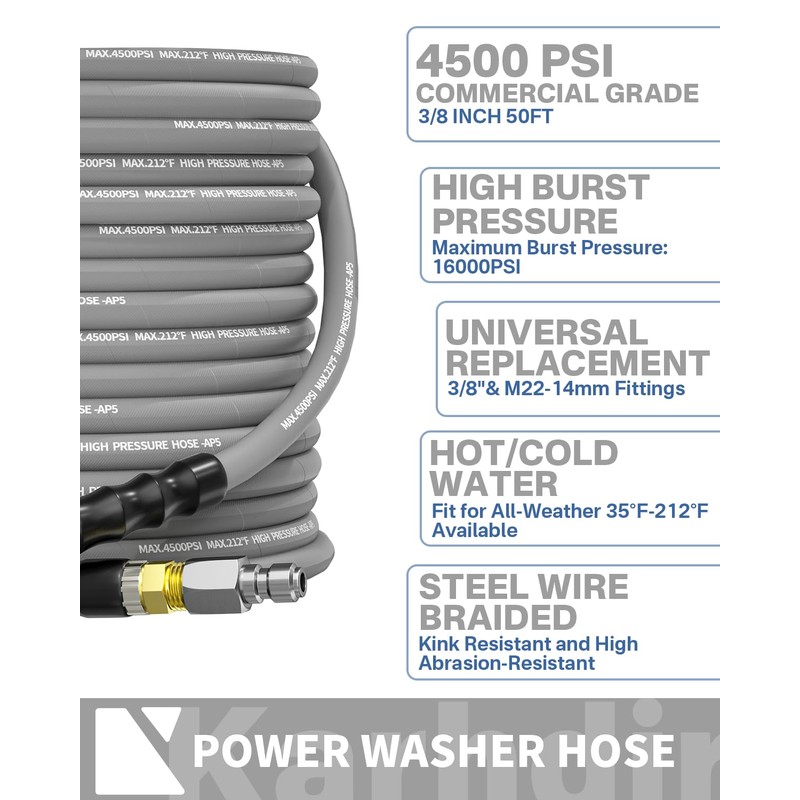KARHDIR Pressure Washer Hose 50FT 3/8" for Cold and Hot