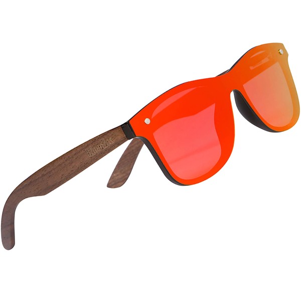 Woodies Oversize Flat Lens Mirrored Red Walnut Wood Polarized Sunglasses