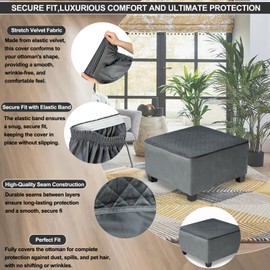 NeColorLife Waterproof Ottoman Cover,Thick Stretch Velvet Slipcover for Square Footstool,Non-Slip Durable Washable Protector for Pets and Dogs,Dark Gray,X-Large