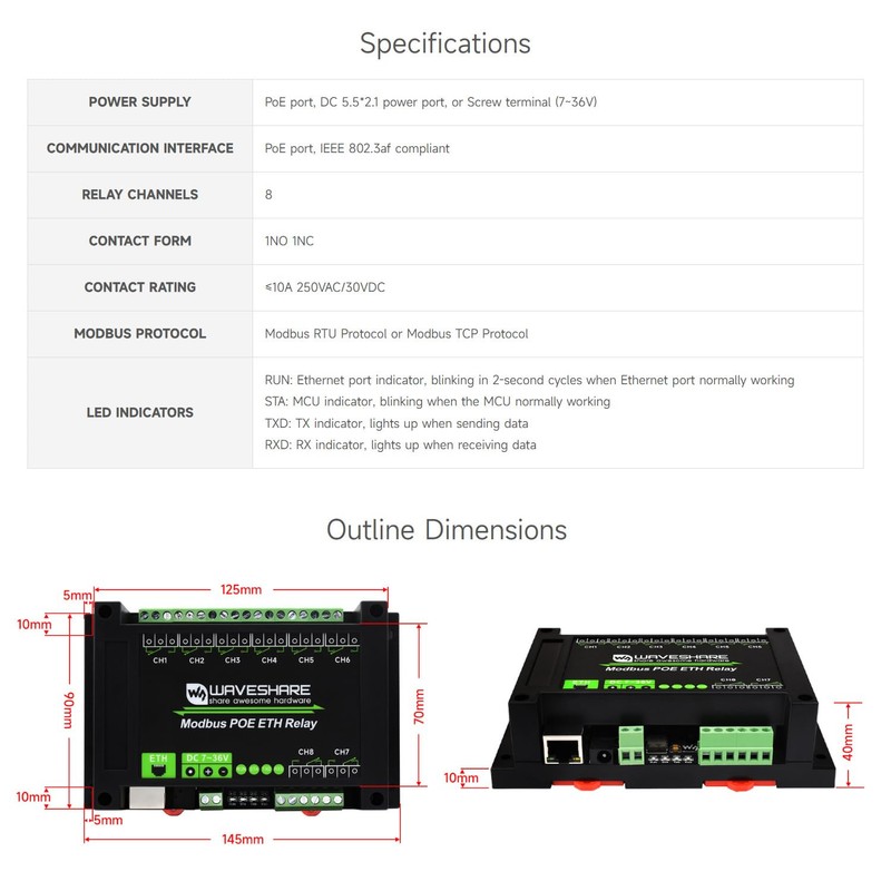 Waveshare 8-Ch Ethernet Relay Module, Modbus RTU/Modbus TCP Protocol, PoE