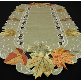 Quinnyshop Autumn Leaves Table Runner Table Cloth Table Cloth Cushion Cover Linen Look Green Beige – Choice of Sizes Approx. 45 x 110 cm Oval