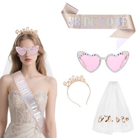 Bride Sunglasses, Bride to Be Glasses Veil, Bride to Be Accessories, Heart Shaped Rhinestone Pearl Sunglasses for Women Sash and Veil Headband Tiara Hen Party, Wedding Props, Photo Props Accessories