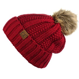 C.C Thick Cable Knit Faux Fuzzy Fur Pom Fleece Lined Skull Cap Cuff Beanie, Red