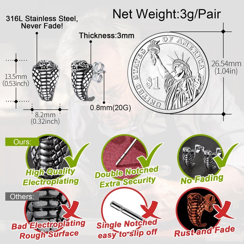 Cobra Stud Earrings for Women Silver Tiny Ear Studs Stainless