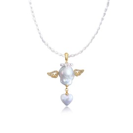 Hi Pearl Angel and Demons 3-14 mm Freshwater Pearl Earrings Pendant Necklace Fish Pearl Necklace Women Mother Daughter 18 K Gold-Plated Extension Birthday Gift for Her, Pearl