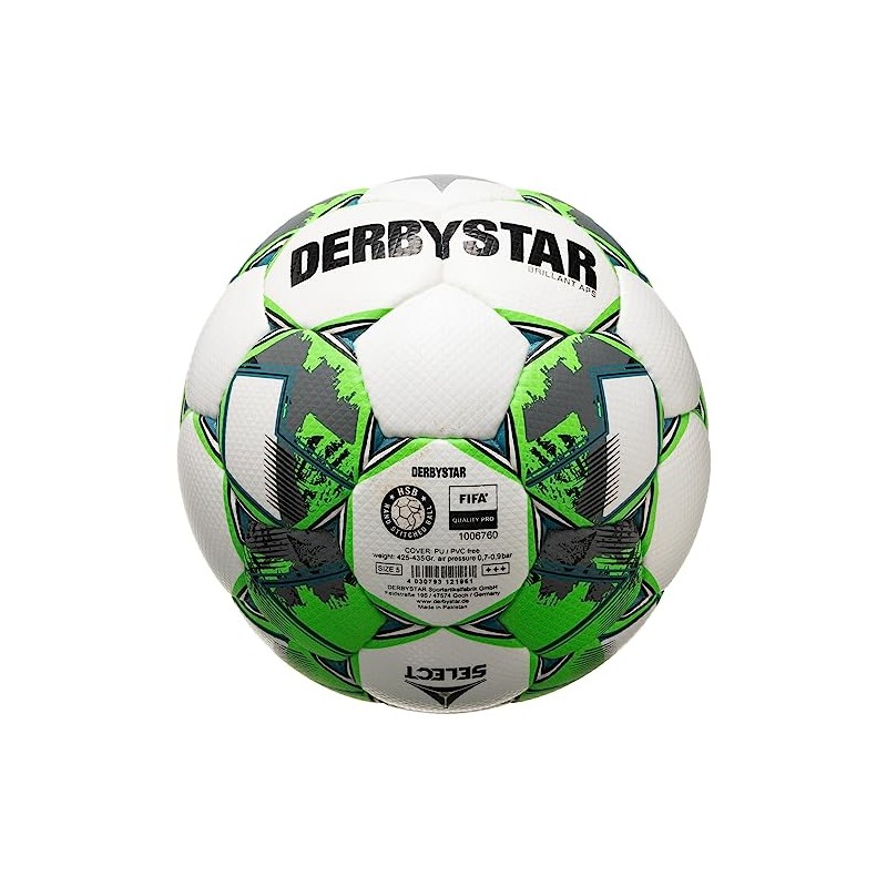 Derbystar Brillant APS v22 Football, White/Green/Grey, 5