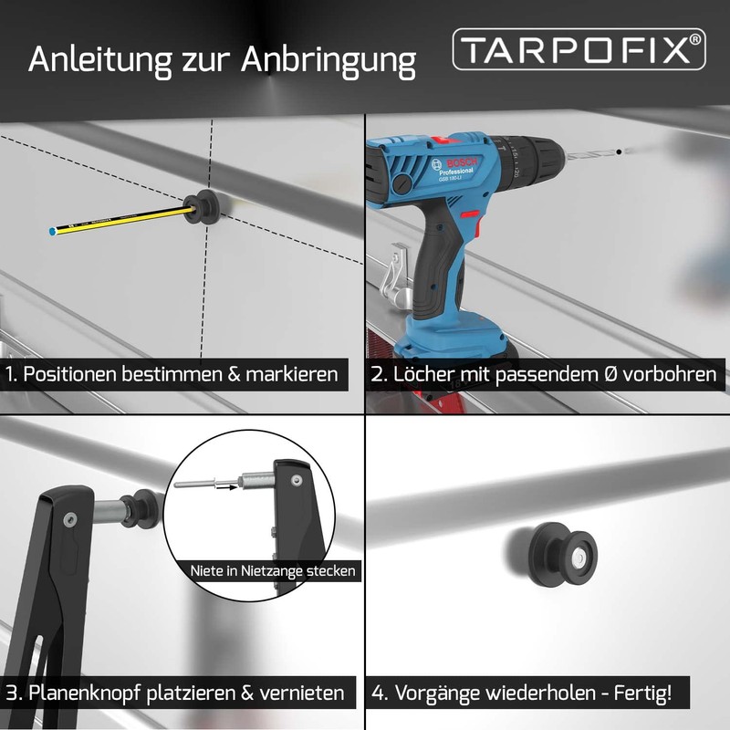 Tarpofix® Tarpaulin Buttons Tarpaulin Hooks Round with Blind Rivets for