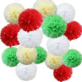 Time to Sparkle 16pcs Mix Tissue Paper Pompoms Pom Poms Flower Handmade Wedding Party Decorations Balls, Christmas Shade