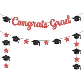KatchOn, Glitter Red Congrats Grad Banner - 10 Feet, No DIY | Black and Red Graduation Banner with Cap Garland, Graduation Decorations Class of 2024 Red and Black | Graduation Party Decorations 2024