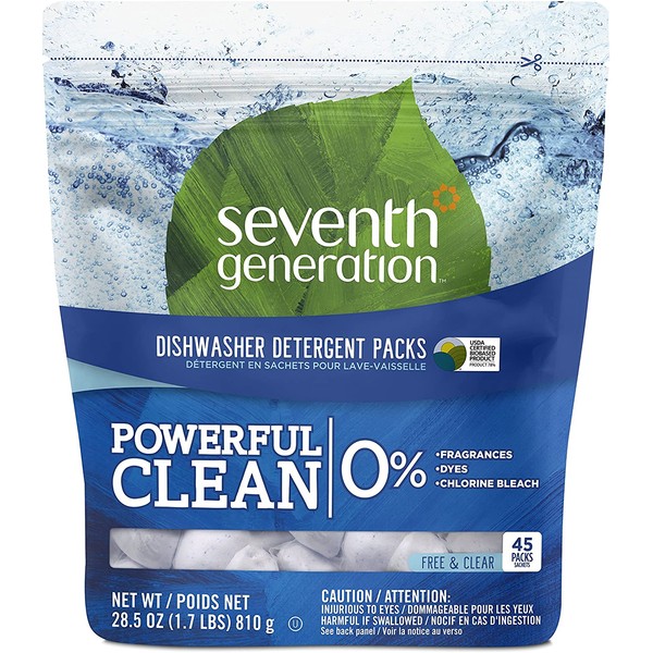 Seventh Generation Dishwasher Detergent Packs, Free & Clear, 45 count