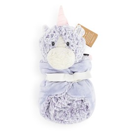 DEMDACO Heartful Hugs 20 x 19 Inch Soft Fluffy Polyester Soothing Weighted Plush Animal Cuddle Blankie Blanket, Gray and Pink, Unicorn