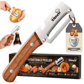 2-in-1 Multifunctional Vegetable Peeler with Bottle Opener, Wide Stainless Steel Blade and Non-Slip Wooden Handle, Kitchen Peeler for Potato, Apple,
