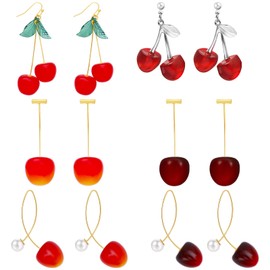 NEWITIN 6 Pairs Cherry Earrings for Women Hypoallergenic Earrings Cherry Drop Earrings Statement Earrings 3D Red Cherry Dangle Earrings Cute Fruit Earrings for Women