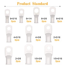 Tinned Copper Battery Ring Terminal Connectors,UL Listed AWG8-1/0 Cable Wire Lugs Ends Assorted 10 Sizes Kit-50PCS,Marine Grade Wiring Eyelets