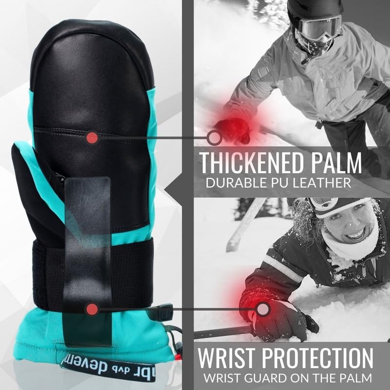 devembr Ski Mittens with Wrist Guards, Warm Snowboard Mittens, Waterproof,