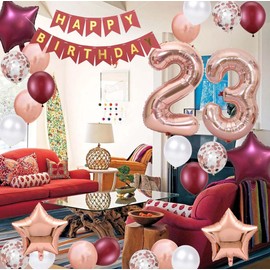 23rd Birthday Party Decorations Rose Gold for Women, Happy Birthday Banner Rose Red Number 23 Balloons Star Foil Balloons 23rd Birthday Confetti Balloons for Women 23 Years Old Birthday Party