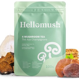 Hellomush Premium Organic Mushroom Tea, Made with Organic Green Tea, Lions Mane, Reishi, Chaga, and Cordyceps – Loose-Leaf, Non-GMO, Additive-Free – 50 Servings