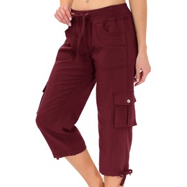 MoFiz Womens Capris with Pockets Loose Fit Casual Capri Pants Dressy Lightweight Ladies Baggy Cargo Pants for Hiking Burgundy Red
