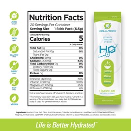 Cellutrex H2O Lemon Lime Zero Sugar Electrolyte Salt Hydration Packets, Additive-Free, Non-GMO Electrolytes Powder for Workouts, Fasting & More, 20 Easy-Open Sticks