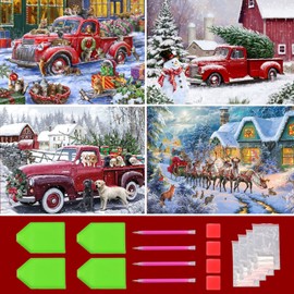 5D Diamond Painting Set 4 Pack Christmas Decoration, Diamond Painting Pictures Animals, DIY Diamond Painting Children Cat Dog Diamond Painting Adults Snowman Wreath, Home Wall Decoration (40 x 30 cm)