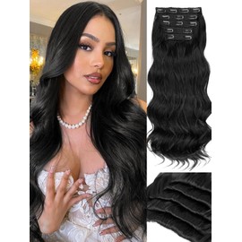 KooKaStyle Hair Extensions 5PCS Long Wavy Upgrate Invisible Full Coverage Edges Seamless Clip in Extensions for Women 20 Inch Natural Black Synthetic Natural Hairpieces