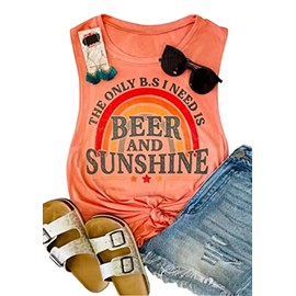 Wudlads The Only B.S I Need Is Beer And Sunshine Rainbow Tank Tops for Women Summer Beach Tank Camis Vacation Graphic Tees(Orange,Large)