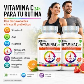 Vitamina C 24h con Bioflavonoides y Prebióticos |Combo duo| Con Zinc y Magnesio | Suplemento Alimenticio | 90 Cápsulas