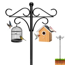 InstyQ Heavy Duty 76 Inch Shepherd’s Hook for Outdoors, Adjustable Bird Feeder Pole with 5-Prong Base, Double Hanging Hooks for Bird Feeders, Planters & Lanterns