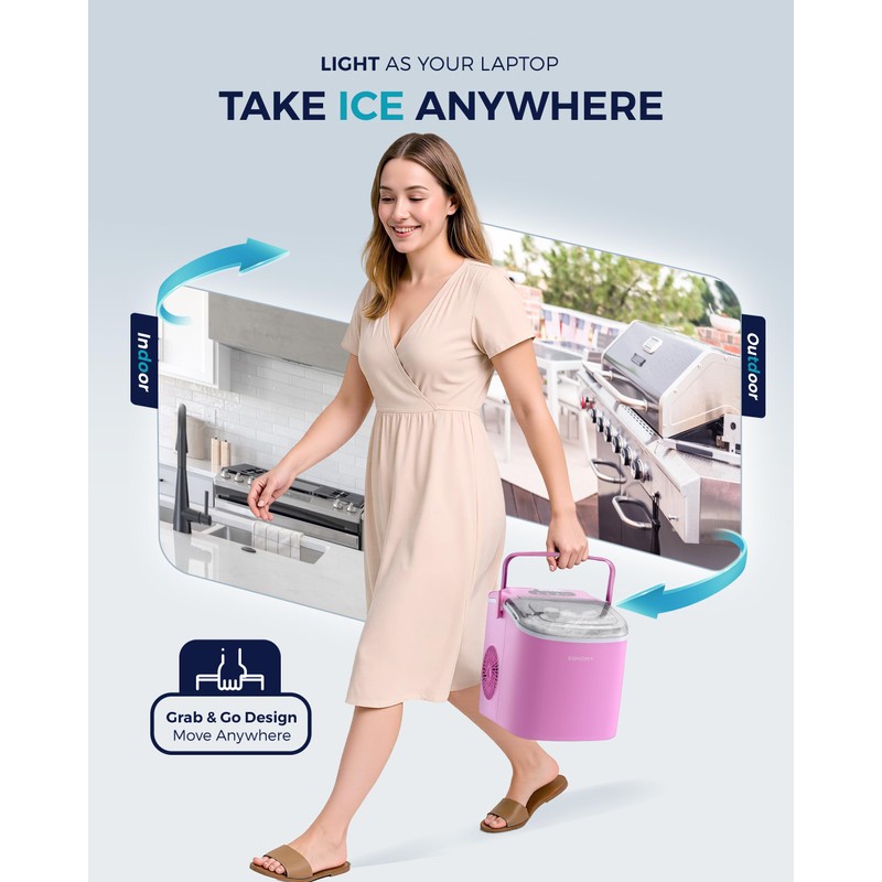 EUHOMY Countertop Ice Maker Machine with Handle, 26lbs in 24Hrs,