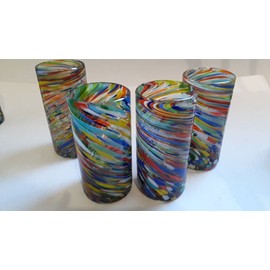 4 Large Hand blown Mexican Glasses, Colorful Swirl Confetti Tumblers 6.5" x 3" Beautiful Detail