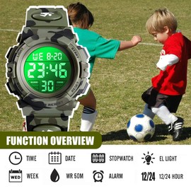 Digital Watch for Boys, Waterproof Sports Watch, Children's Watches with Alarm Clock, Stopwatch, 12-24H, Electronic Children's Watches, LED Watch for Junior Teenagers, Green, Strap.