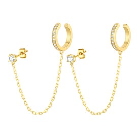 FROLOVER 14K Gold Chain Earrings for Women Trendy Small Huggie Hoop Earrings Hypoallergenic Cubic Zirconia Stud Earrings Double Piercing Drop Dangle Earrings for Women