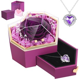 Preserved Real Rose with Necklace Forever Flowers Diamond Shaped Box for Mom Wife Girlfriend Grandma on Mothers Day Birthday Valentines Christmas Anniversary Beatiful Gifts for Women (Purple)