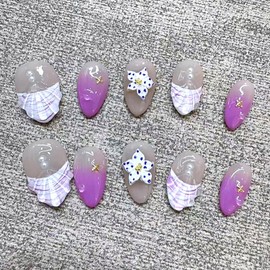 30Pcs Flower Press on Nails Short Almond French Tip Fake Nails Purple Gradient False Nail with Gold Beads Star Charms Design Summer Floral Glue on Nail Full Cover Artificial Stick on Nails for Women