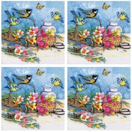Napkin 3-ply, 33 x 33 cm, 40 pieces flower basket, basket, jug, Easter bells, summer flowers, tulips, birds, birds, butterflies, flower pot, animals, spring