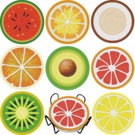 8 Pcs Diamond Paintings Fruit Coasters with Holder for Adults Beginners, Round Full Drill Diamond Art Craft Supplies（Fruit QLBD-08）